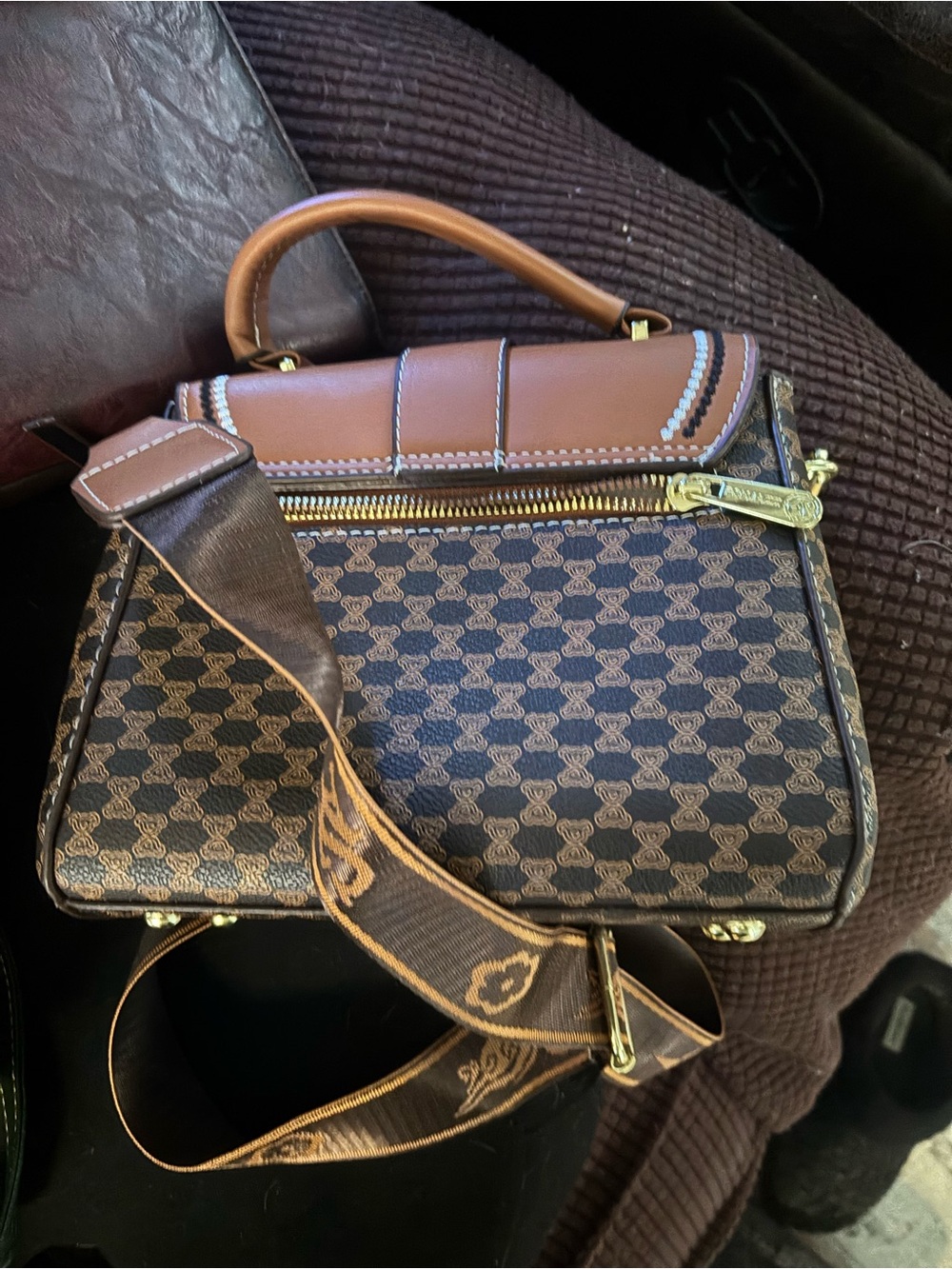 Brown Patterned Top-Handle Shoulder Bag